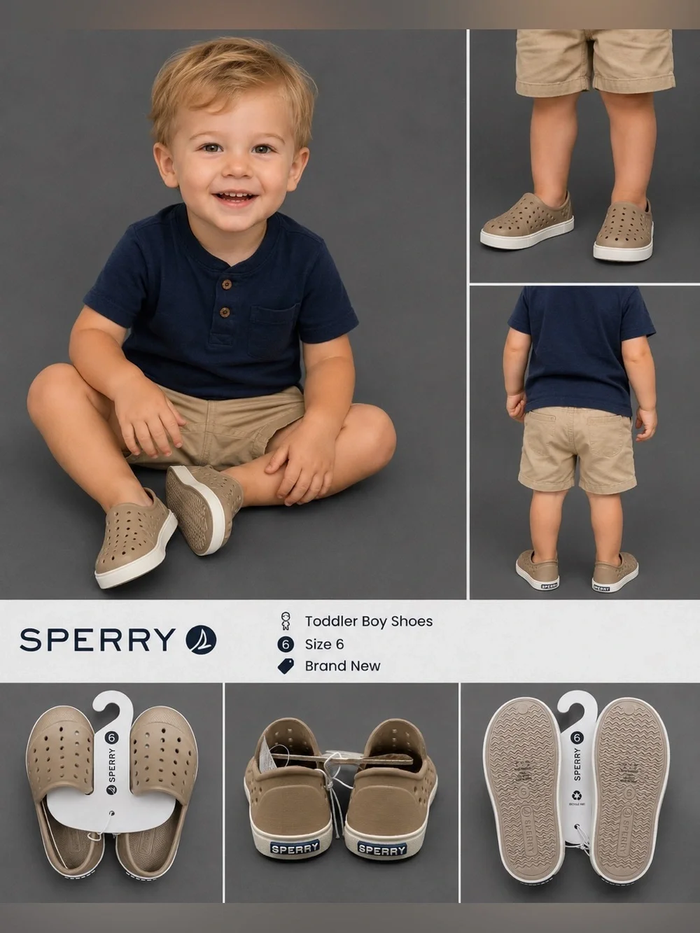 Sperry Toddler Boys Khaki Slip-On Wet Tech Shoes Size 6 Brand New